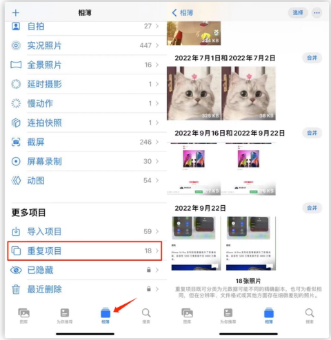 集安苹果手机维修分享iOS 16 中相册重复项目功能使用方法 
